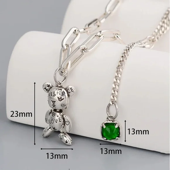 New - Anthropologie Patina Silver Cute Bear Love Peace Heart Necklace - Picture 4 of 15